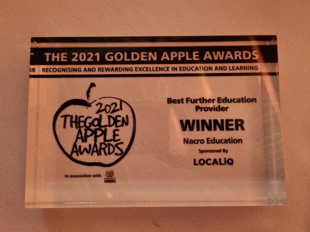 Nacro Education winner of best further education provider golden apple awards