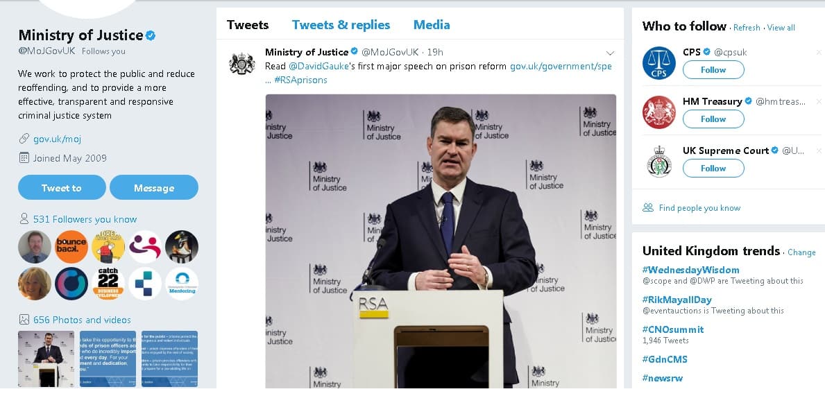 Screenshot of Ministry of Justice Twitter post
