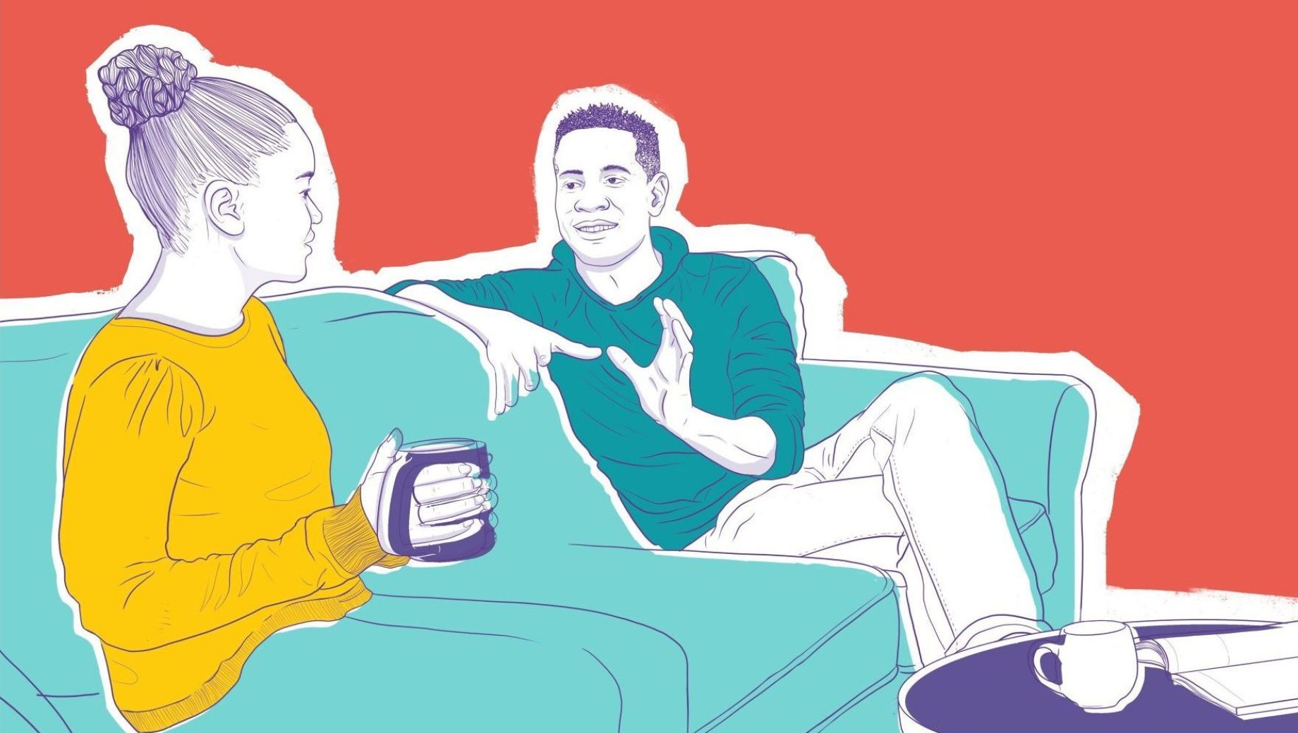 Illustration of a man and woman sitting on a sofa talking