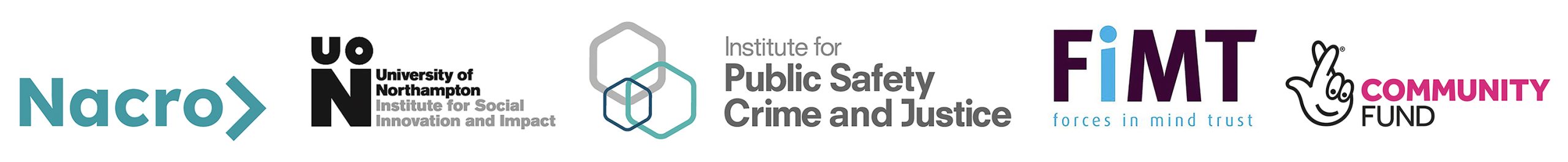 Corporate logos for Nacro, University of Northampton, Institute for Public Safety Crime and Justice, Forces in Mind Trust and National Lottery Community Fund